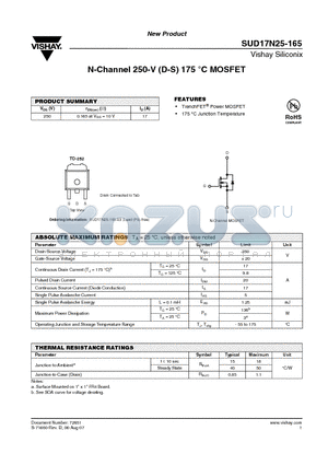 SUD17N25-165_08 datasheet - N-Channel 250-V (D-S) 175 `C MOSFET