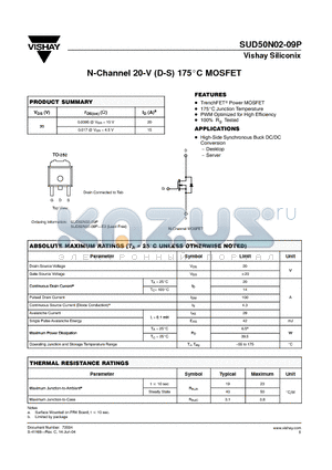 SUD50N02-09P-E3 datasheet - N-Channel 20-V (D-S) 175 Degree Celcious MOSFET