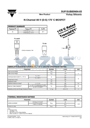 SUP85N04-03 datasheet - N-Channel 40-V (D-S) 175C MOSFET