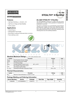 FFPF08S60SNTU datasheet - 8A, 600V STEALTHTM II Rectifier