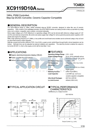 XC9119D10AER datasheet - 1MHz, PWM Controlled, Step-Up DC/DC Converter, Ceramic Capacitor Compatible