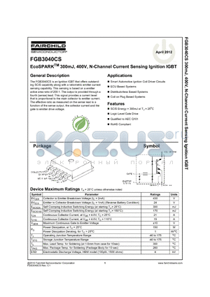 FGB3040CS_12 datasheet - EcoSPARKTM 300mJ, 400V, N-Channel Current Sensing Ignition IGBT