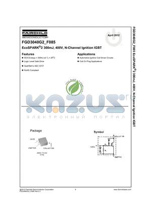 FGD3040G2 datasheet - EcoSPARK^2 300mJ, 400V, N-Channel Ignition IGBT