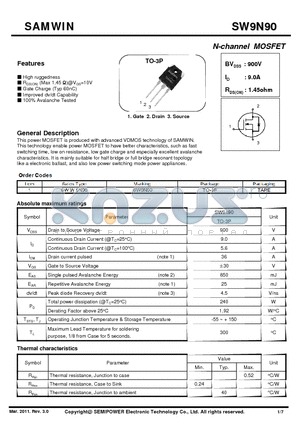 SW9N90 datasheet - N-channel MOSFET