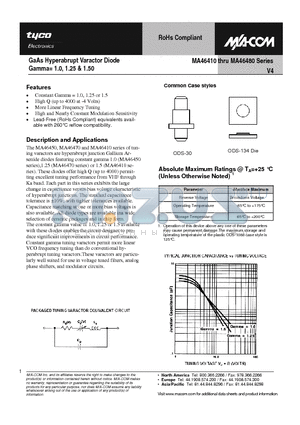 MA46420 datasheet - GaAs Hyperabrupt Varactor Diode Gamma= 1.0, 1.25 & 1.50