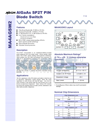 MA4AGSW2 datasheet - AlGaAs SP2T PIN Diode Switch