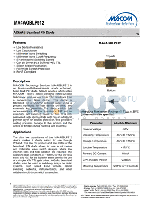 MA4AGBLP912 datasheet - AlGaAs Beamlead PIN Diode