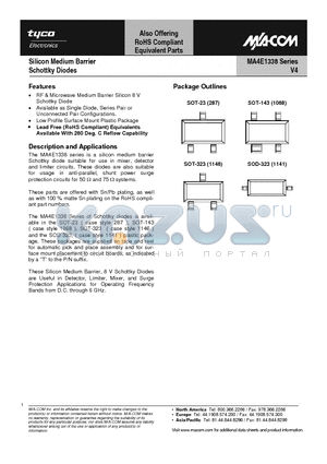 MA4E1338B-287T datasheet - Silicon Medium Barrier Schottky Diodes