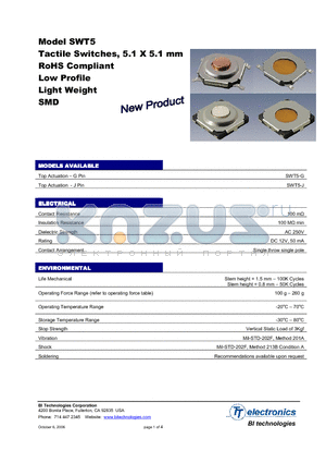 SWT5-G2ATR datasheet - Tactile Switches, 5.1 X 5.1 mm RoHS Compliant Low Profile Light Weight SMD