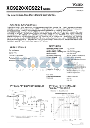 XC9220A095EL datasheet - 16V Input Voltage, Step-Down DC/DC Controller ICs.