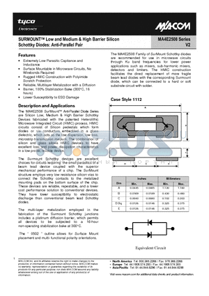 MA4E2508 datasheet - SURMOUNTTM Low and Medium & High Barrier Silicon Schottky Diodes: Anti-Parallel Pair
