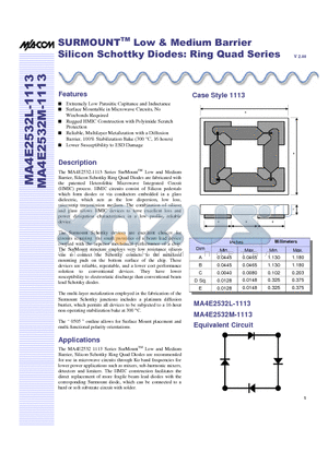 MA4E2532M-1113T datasheet - SURMOUNT Low & Medium Barrier Silicon Schottky Diodes: Ring Quad Series