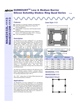 MA4E2532M-1113 datasheet - SURMOUNT Low & Medium Barrier Silicon Schottky Diodes: Ring Quad Series