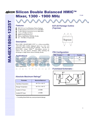 MA4EX180H-1225T datasheet - Silicon Double Balanced HMICTM Mixer, 1300 - 1900 MHz