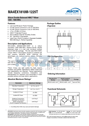 MA4EX1810M-1225T datasheet - Silicon Double Balanced HMICTM Mixer 1300 - 1900 MHz