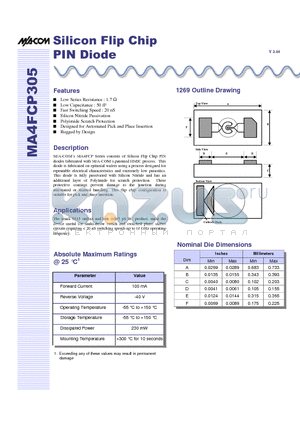 MA4FCP305 datasheet - Silicon Flip Chip PIN Diode