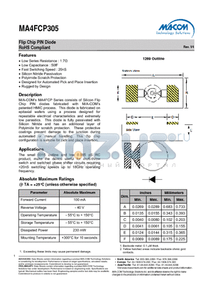 MA4FCP305 datasheet - Flip Chip PIN Diode RoHS Compliant
