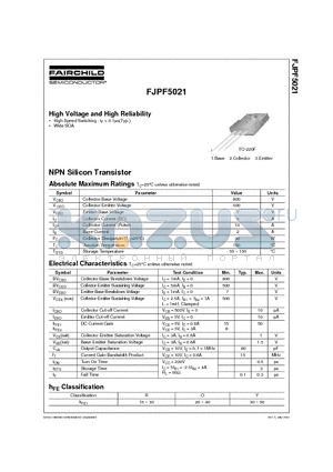 FJPF5021 datasheet - High Voltage and High Reliability