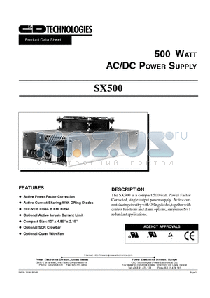 SX500-U1B datasheet - 500 WATT AC/DC POWER SUPPLY