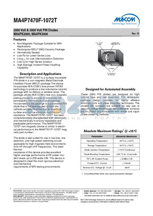 MA4P7470F-1072T datasheet - 2000 Volt & 3000 Volt PIN Diodes MA4PK2000, MA4PK3000
