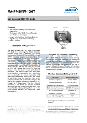 MA4P7435NM-1091T datasheet - Non Magnetic MELF PIN Diode