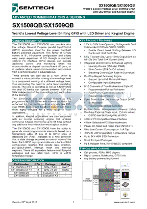 SX1508QBIULTRT datasheet - Worlds Lowest Voltage Level Shifting GPIO with LED Driver and Keypad Engine