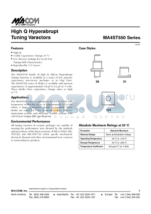 MA4ST554 datasheet - High Q Hyperabrupt Tuning Varactors
