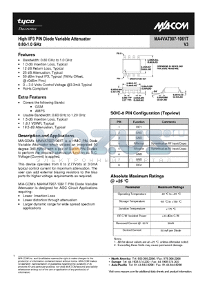 MA4VAT907-1061T datasheet - High IIP3 PIN Diode Variable Attenuator 0.80-1.0 GHz