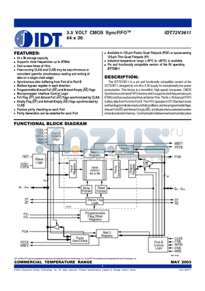 IDT72V3611 datasheet - 3.3 VOLT CMOS SyncFIFO 64 x 36