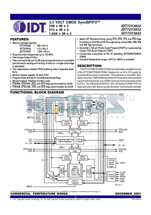 IDT72V3622L10PF datasheet - 3.3 VOLT CMOS SyncBiFIFO 256 x 36 x 2 512 x 36 x 2 1,024 x 36 x 2