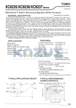 XC9237A3ADML datasheet - 600mA Driver Tr. Built-In, Synchronous Step-Down DC/DC Converters