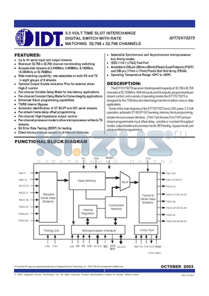 IDT72V73273 datasheet - 3.3 VOLT TIME SLOT INTERCHANGE DIGITAL SWITCH WITH RATE MATCHING 32,768 X 32,768 CHANNELS