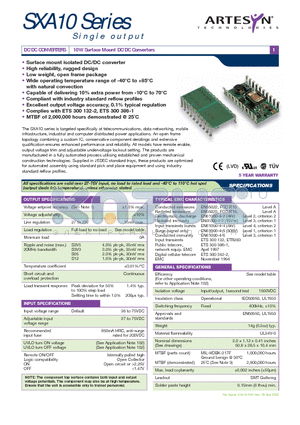 SXA10-48S12 datasheet - 10W Surface Mount DC/DC Converters