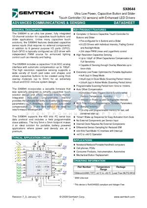 SX8644 datasheet - Ultra Low Power, Capacitive Button and Slider Touch Controller (12 sensors) with Enhanced LED Drivers