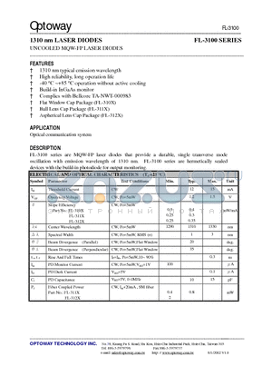 FL-3100 datasheet - 1310 nm LASER DIODES UNCOOLED MQW-FP LASER DIODES