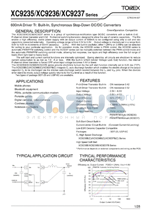 XC9237B1CDMR datasheet - 600mA Driver Tr. Built-In, Synchronous Step-Down DC/DC Converters