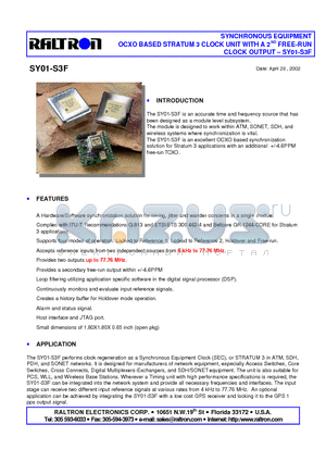 SY01-S3F datasheet - SYNCHRONOUS EQUIPMENT OCXO BASED STRATUM 3 CLOCK UNIT WITH A 2ND FREE-RUN CLOCK OUTPUT