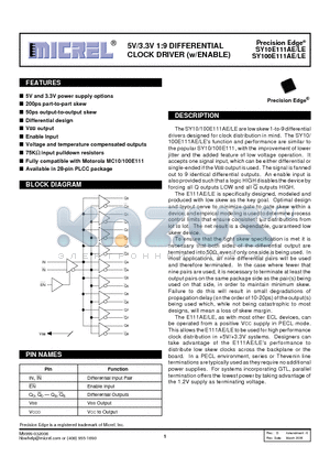 SY100E111LE datasheet - 5V/3.3V 1:9 DIFFERENTIAL CLOCK DRIVER (w/ENABLE)