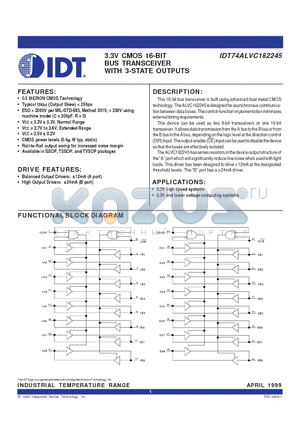 IDT74ALVC162245 datasheet - 3.3V CMOS 16-BIT BUS TRANSCEIVER WITH 3-STATE OUTPUTS