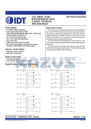 IDT74ALVCH16244PV datasheet - 3.3V CMOS 16-BIT BUFFER/DRIVER WITH 3-STATE OUTPUTS AND BUS-HOLD