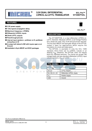 SY100EPT23LKITR datasheet - 3.3V DUAL DIFFERENTIAL LVPECL-to-LVTTL TRANSLATOR