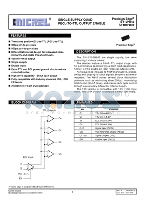 SY100H842 datasheet - SINGLE SUPPLY QUAD PECL-TO-TTL OUTPUT ENABLE
