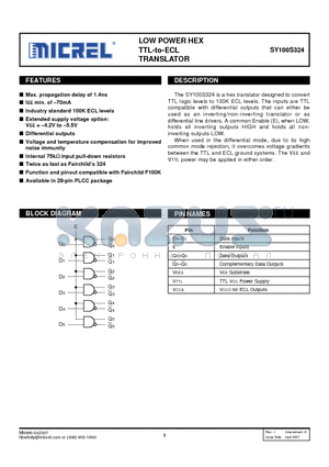 SY100S324JCTR datasheet - LOW POWER HEX TTL-to-ECL TRANSLATOR