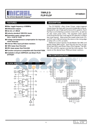 SY100S331JCTR datasheet - TRIPLE D FLIP-FLOP