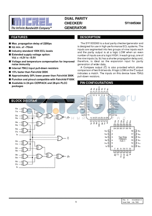 SY100S360JCTR datasheet - DUAL PARITY CHECKER/ GENERATOR