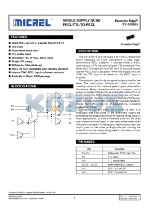SY100S815ZCTR datasheet - SINGLE SUPPLY QUAD PECL/TTL-TO-PECL