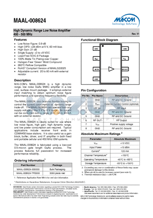 MAAL-008624-000000 datasheet - High Dynamic Range Low Noise Amplifier 400 - 500 MHz