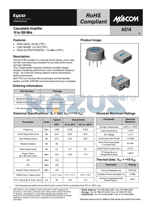 MAAM-007272-0CA514 datasheet - Cascadable Amplifier 10 to 500 MHz