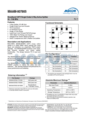 MAAM-007805-TR3000 datasheet - Broadband CATV Single Ended 2-Way Active Splitter 50 - 1100 MHz