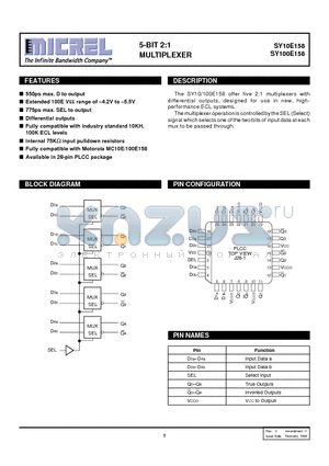 SY10E158 datasheet - 5-BIT 2:1 MULTIPLEXER